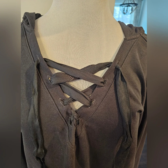 Odd Molly Size Small Dark Gray Hooded Pullover Sweatshirt Lace Up Front Comfy - Picture 2 of 11